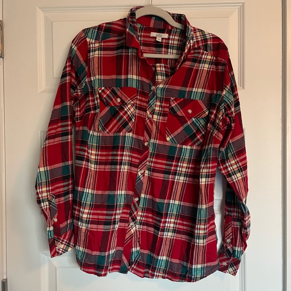 Croft & Barrow- Red & Green Plaid Button Down Top- Size Large